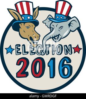 Élection américaine 2016 âne Mascotte Cartoon Cercle d'éléphants Illustration de Vecteur