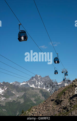 Gondole Fimba cable car au-dessus de la piste touristique de la station balnéaire d''Ischgl Banque D'Images