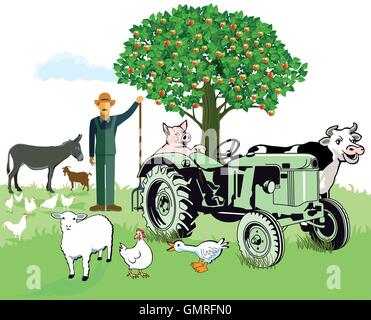Les animaux de ferme avec le fermier Illustration de Vecteur