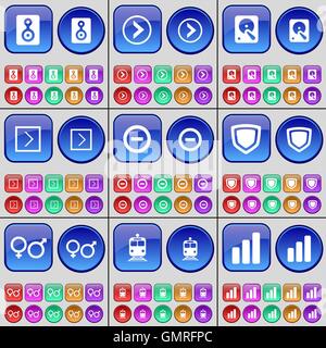 Le président, Flèche vers la droite, le disque dur, la flèche vers la droite, moins, d'un insigne, le sexe symbole, train, diagramme. Un grand ensemble de boutons de différentes couleurs. Illustration de Vecteur