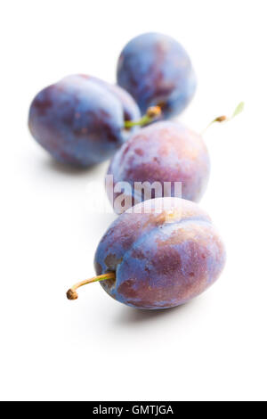 Prunes fraîches du jardin isolé sur fond blanc. Banque D'Images