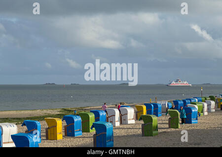 Chaises de plage, panier, Wyk, Foehr, l'île de Frise du Nord, Schleswig-Holstein, Allemagne Banque D'Images