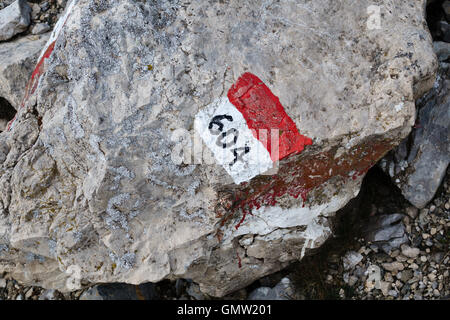 Un itinéraire mark peint sur un rocher à côté d'un sentier de montagne longue distance dans les Dolomites, Italie du nord Banque D'Images