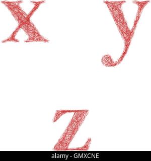 Croquis rouge font set - minuscules x, y, z Illustration de Vecteur