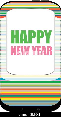 Smart phone avec Vector Bonne Année salutations à l'écran, carte de vacances vecteur Illustration de Vecteur