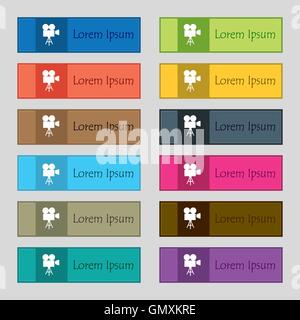 Icône Caméra vidéo signe. Ensemble de douze rectangulaire, coloré, beau et de grande qualité de boutons pour le site. Vector Illustration de Vecteur