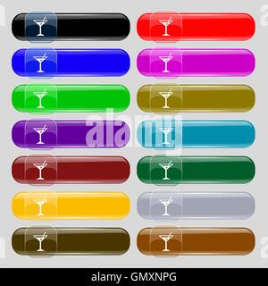 Cocktail martini, verre d'alcool se déconnecter icône. Set de 14 boutons en verre multicolore avec place pour le texte. Vector Illustration de Vecteur