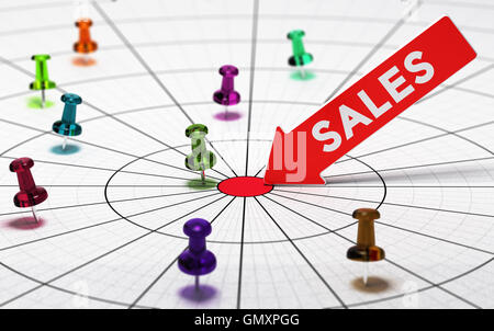 3D illustration des résultats des ventes avec des punaises placé sur un graphique circulaire Banque D'Images