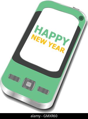 Smart phone avec bonne année salutations à l'écran, carte de vacances vecteur Illustration de Vecteur
