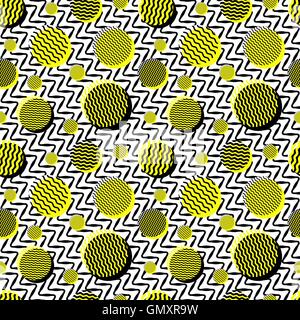 Seamless Vector jaune blanc noir Vintage 80's lignes ondulées et motif Cercles Jumble Illustration de Vecteur