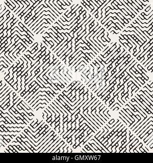 Seamless Vector noir et blanc losange arrondi rempli de chaussée motif de lignes de labyrinthe Illustration de Vecteur