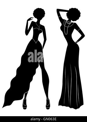 Mince attrayant dames en longue robe, dessin vectoriel silhouettes pochoir noir stylisé Illustration de Vecteur