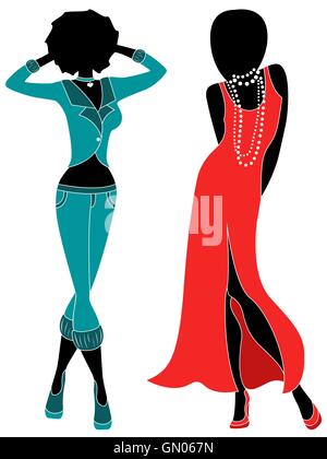 Gracieuse attrayant dames en robe rouge et turquoise terne, dessin à la main vector illustration stylisée Illustration de Vecteur