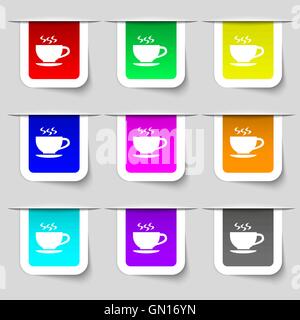 L'icône représentant une tasse de thé et signe. Ensemble d'étiquettes modernes multicolores pour votre conception. Vector Illustration de Vecteur
