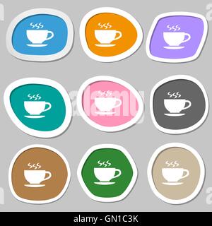 La tasse de thé et des symboles. Papier autocollants multicolores. Vector Illustration de Vecteur