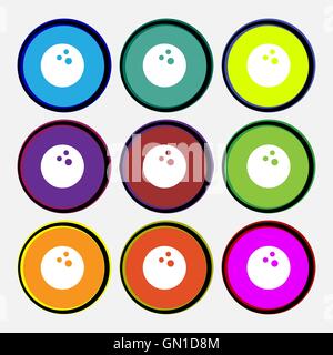 Jeu de bowling, icône balle signe. 9 boutons ronds multicolores. Vector Illustration de Vecteur