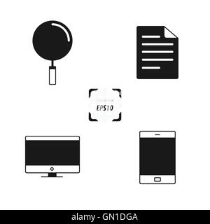Téléphone icônes, le papier, l'ordinateur et la loupe la couleur noire Illustration de Vecteur