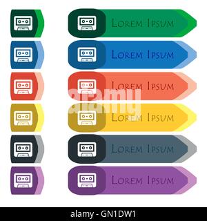 Icône de l'audiocassette signe. Ensemble de boutons longue colorée, lumineuse avec des petits modules. Modèle plat Illustration de Vecteur