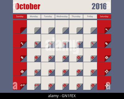 Couleur gris rouge 2016 calendrier octobre Illustration de Vecteur