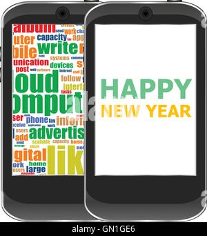 Smart phone avec bonne année salutations à l'écran, carte de vacances vecteur Illustration de Vecteur