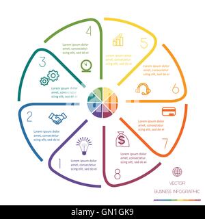 Modèle de cercle infographique des lignes colorées avec des zones de texte sur 8 positions Illustration de Vecteur