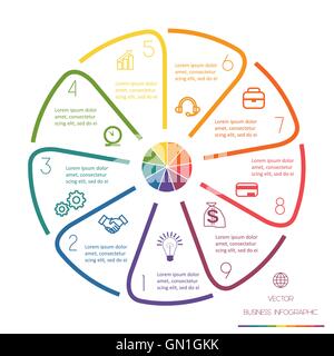 Modèle de cercle infographique des lignes colorées avec des zones de texte sur neuf postes Illustration de Vecteur