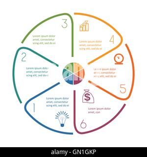 Modèle de cercle infographique des lignes colorées avec des zones de texte sur six positions Illustration de Vecteur