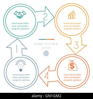 Cercles avec flèche Infographie processus cyclique de lignes colorées avec des zones de texte sur quatre positions Illustration de Vecteur