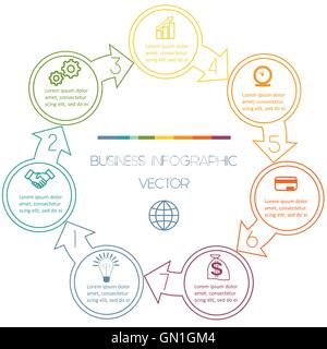 Cercles avec flèche Infographie processus cyclique de lignes colorées avec des zones de texte sur 7 fonctions Illustration de Vecteur