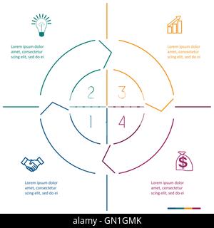 Modèle de cercle infographique des lignes colorées avec des zones de texte sur quatre positions Illustration de Vecteur