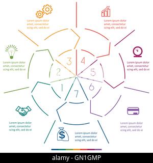 Modèle de cercle infographique des lignes colorées avec des zones de texte sur 7 fonctions Illustration de Vecteur