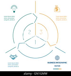 Modèle de cercle infographique des lignes colorées avec des zones de texte sur trois positions Illustration de Vecteur