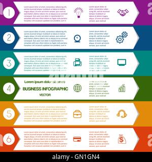 Les flèches colorées infographique modèle à partir de bandes blanches avec des zones de texte sur six positions Illustration de Vecteur