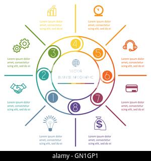 Bague de couleur multi-processus cyclique d'Infographie numérotés à partir de lignes colorées avec des zones de texte sur 8 positions Illustration de Vecteur