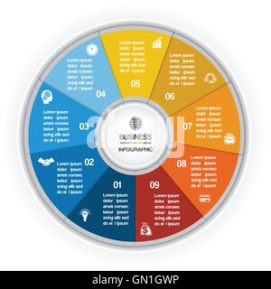 Bague colorée pour processus cyclique sur neuf positions possible d'utiliser pour le workflow, bannière, diagramme, web design, timeline Illustration de Vecteur
