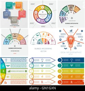 Set 9 modèles. Les infographies des processus cycliques conceptuel de cinq positions pour zone de texte, possible d'utiliser le workflow pour Illustration de Vecteur