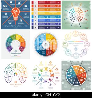 Set 9 modèles, des infographies business processus cyclique conceptuel, 8 postes pour la zone de texte, possible d'utiliser pour le workflow, Illustration de Vecteur