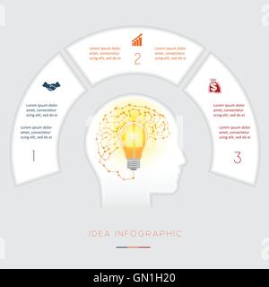 Tête, lightbulb, cerveau, idée conceptuel modèle vecteur infographies trois positions pour la zone de texte, possible d'utiliser le workflow pour Illustration de Vecteur