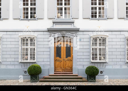 Une élégante porte en bois brun clair sculpté ornementés avec cadre gris et le mur. Banque D'Images