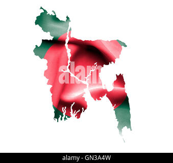 La carte du Bangladesh avec waving flag isolated on white Banque D'Images