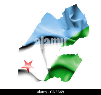 Carte de Djibouti avec waving flag isolated on white Banque D'Images