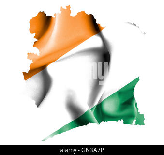 La carte de la Côte d'Ivoire avec waving flag isolated on white Banque D'Images
