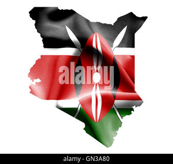 La carte du Kenya avec waving flag isolated on white Banque D'Images