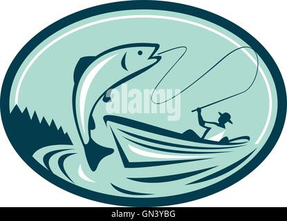 Fly Fisherman Boat Reeling Fontaine Retro Illustration de Vecteur