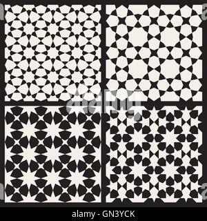 Ensemble de quatre Seamless Vector noir et blanc motif géométrique de tessellation Stars Islamique Illustration de Vecteur