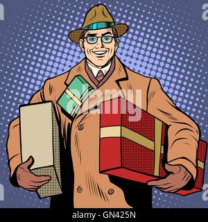 L'homme joyeux temps des fêtes avec des cadeaux Illustration de Vecteur