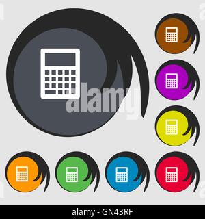 L'icône de la calculatrice. Symboles sur huit boutons de couleur. Vector Illustration de Vecteur