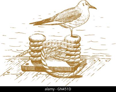 Seagull assis sur un bollard dessiné à la main Illustration de Vecteur