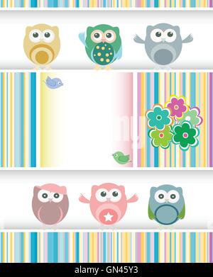 Sweet vecteur des hiboux, des fleurs, des coeurs d'amour et les oiseaux mignons Illustration de Vecteur