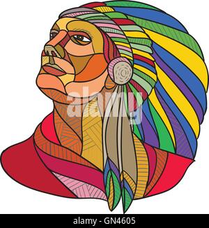 Native American Indian Chief Dessin Coiffure Illustration de Vecteur